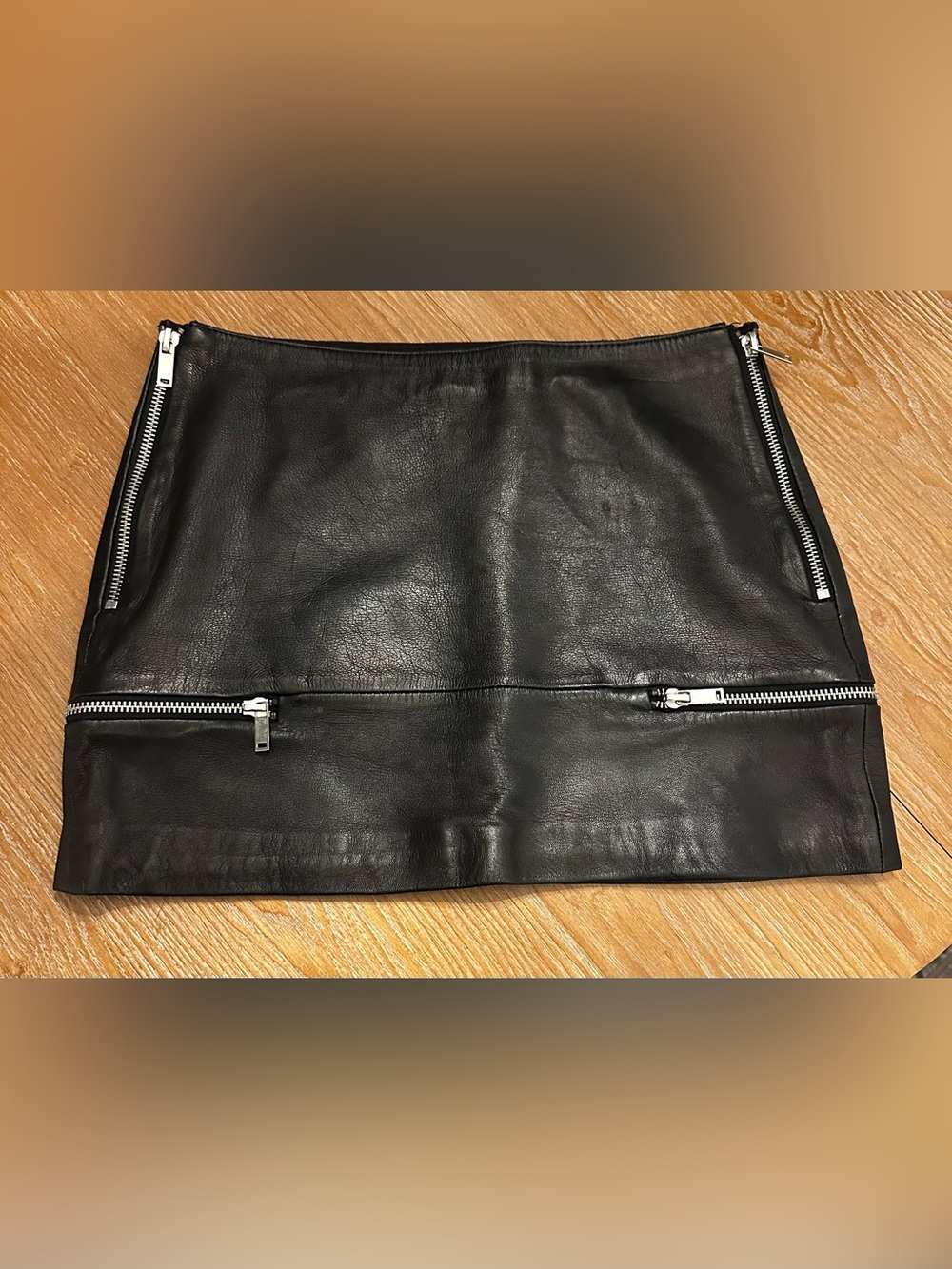 Zara Black Leather Mini Skirt with Silver Zipper Accents - medium - EUC